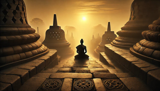 A lone figure in traditional robes sits in meditation at sunrise on ancient stone steps leading to a temple, surrounded by mist and soft golden light. The scene reflects the sacred roots and timeless history of yoga.