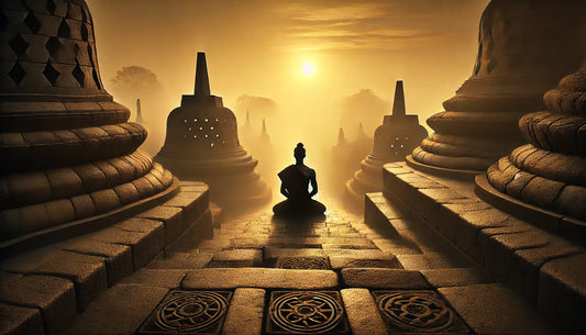A lone figure in traditional robes sits in meditation at sunrise on ancient stone steps leading to a temple, surrounded by mist and soft golden light. The scene reflects the sacred roots and timeless history of yoga.