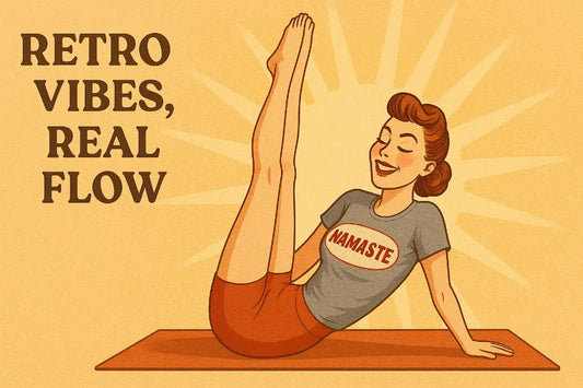 Retro pin-up yoga girl illustration with text ‘Retro Vibes, Real Flow’ — Ramro Revival Collection hero image.
