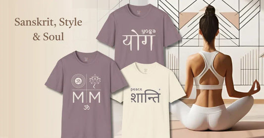 Feature image for Sanskrit, Style & Soul blog. Three Ramro Yoga Wear t-shirts with Om, Yoga, and Shanti designs beside a woman meditating in white activewear.