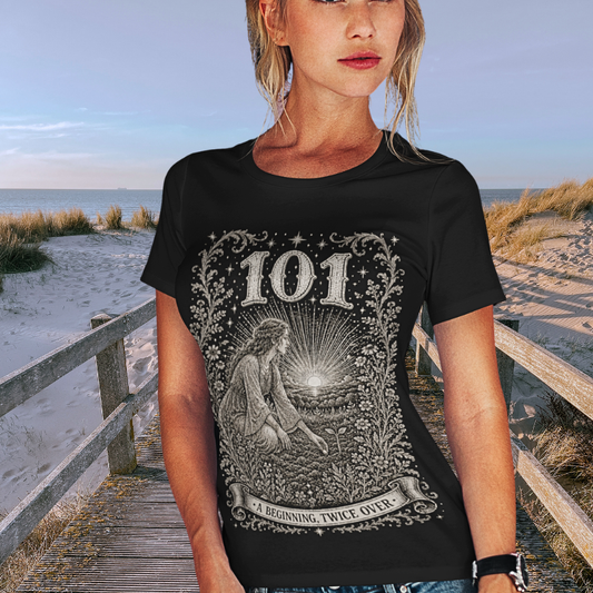 Woman wearing 101 black sacred yoga shirt on a beach boardwalk — Dark Sacred Stillness collection by Ramro Yoga Wear