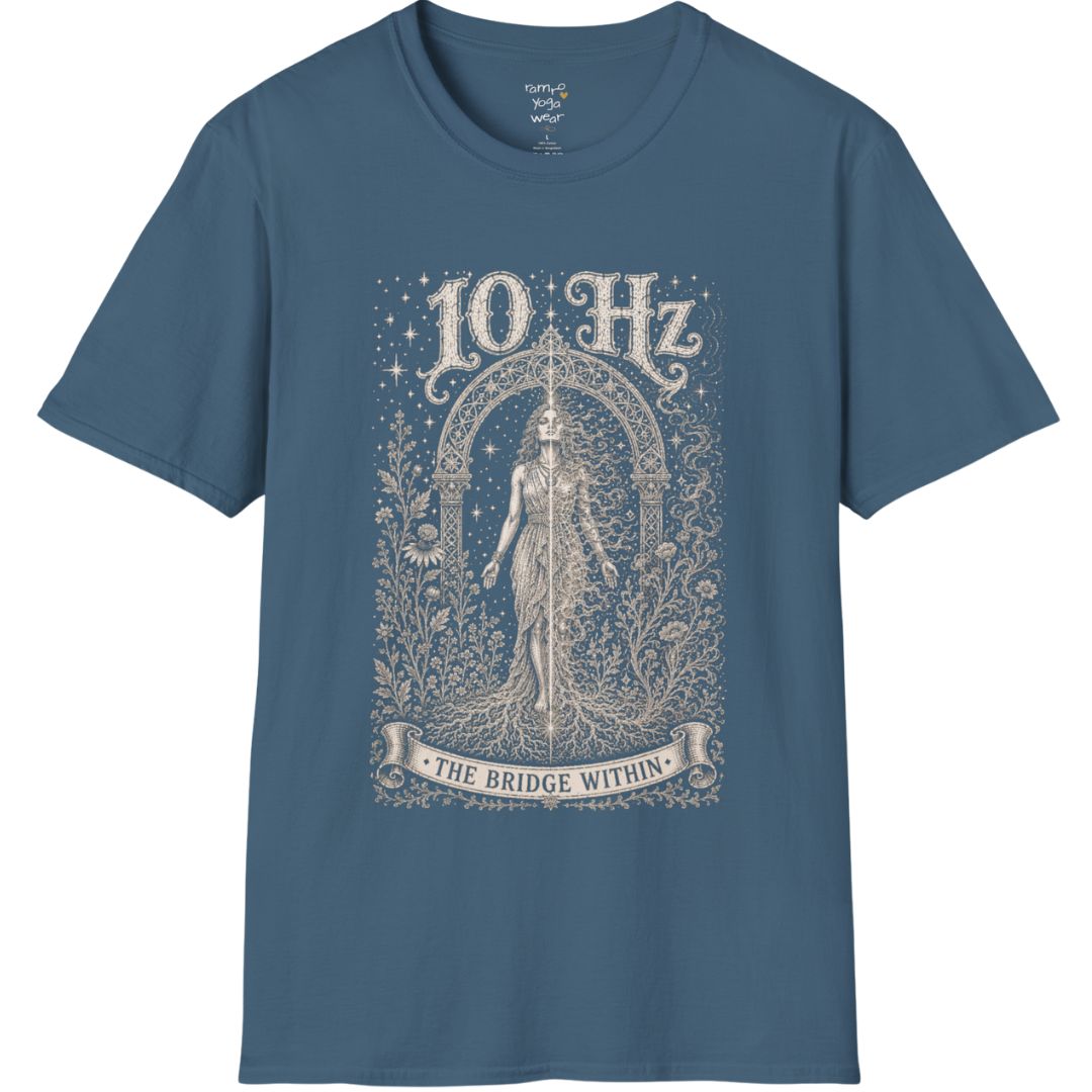 10 Hz T-Shirt with mirrored figure standing beneath archway design — Dark Sacred Stillness collection by Ramro Yoga Wear in Indigo Blue