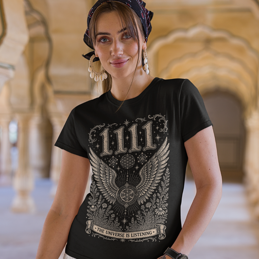 Woman wearing 1111 black angel number meditation shirt at temple archway — Dark Sacred Stillness collection by Ramro Yoga Wear