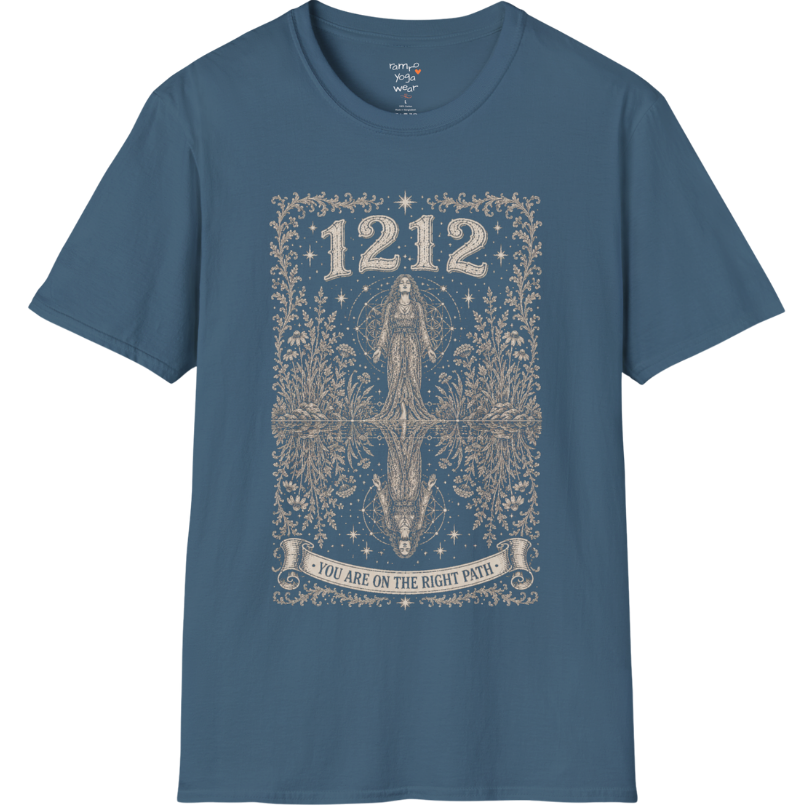 Woman mirrored in still water with sacred geometry and symmetrical botanical engraving design — Dark Sacred Stillness collection by Ramro Yoga Wear