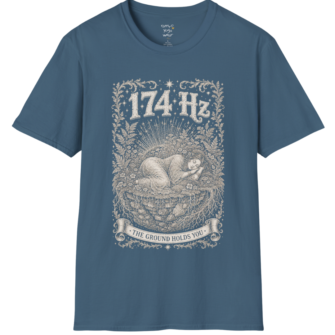174 Hz T-Shirt with a woman resting on a floating botanical island design — Dark Sacred Stillness collection by Ramro Yoga Wear in Indigo Blue