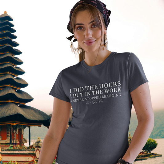 Woman wearing 200 Heather Midnight Navy yoga teacher gift tee at a Balinese temple — Yoga Teacher Gifts collection by Ramro Yoga Wear