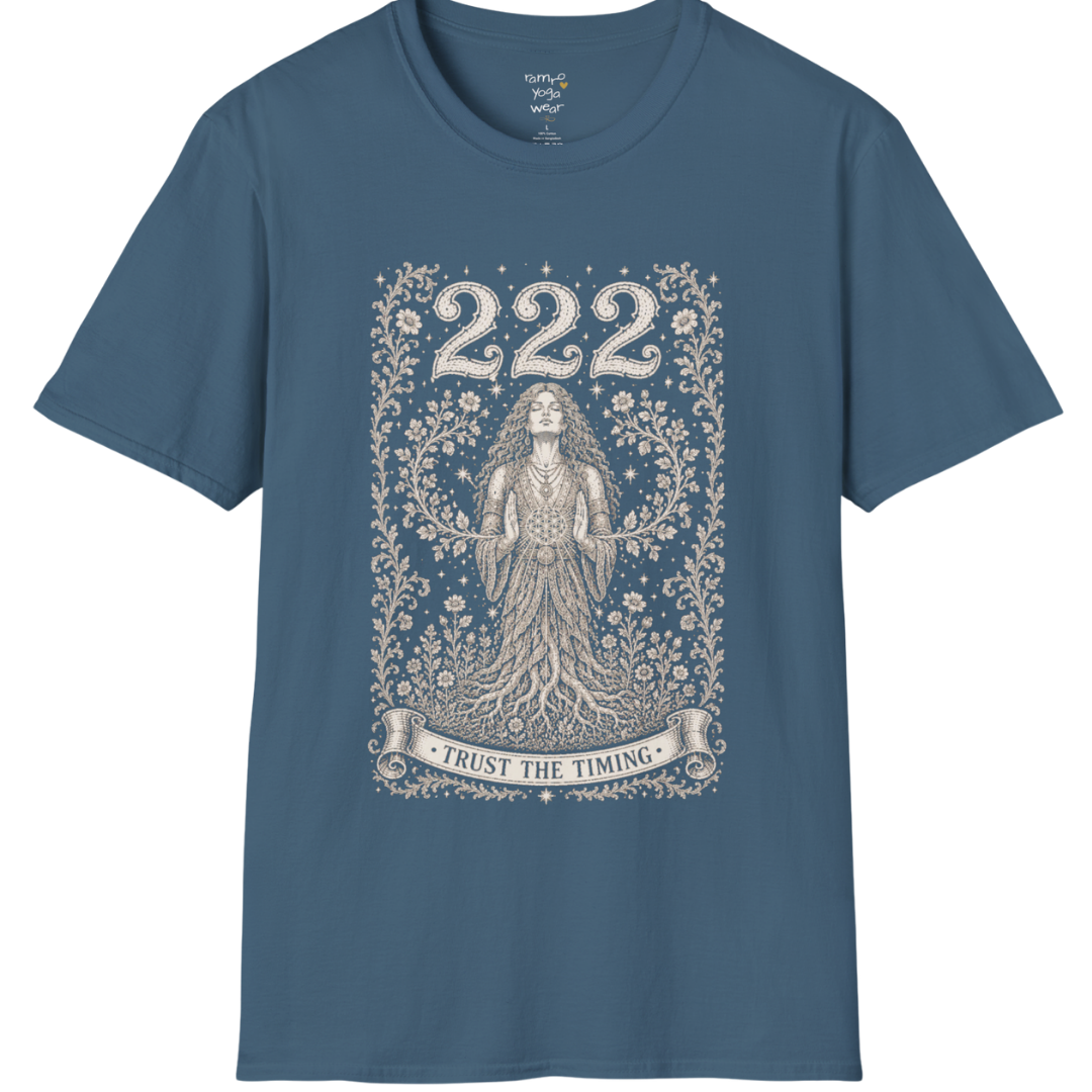 222 T-Shirt with entwined botanical vines design — Dark Sacred Stillness collection by Ramro Yoga Wear in Indigo Blue
