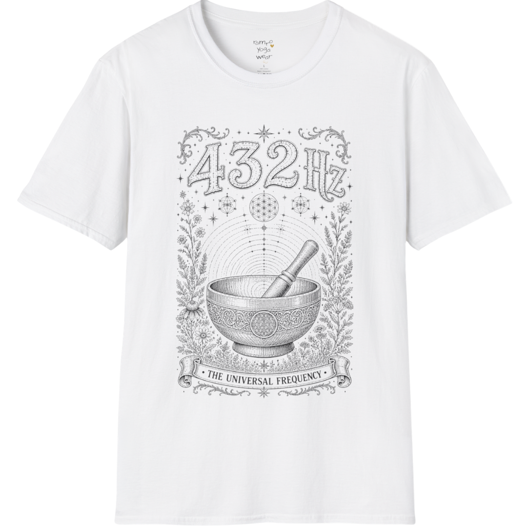 432 Hz singing bowl sound wave sacred geometry engraving design — Dark Sacred Stillness collection by Ramro Yoga Wear