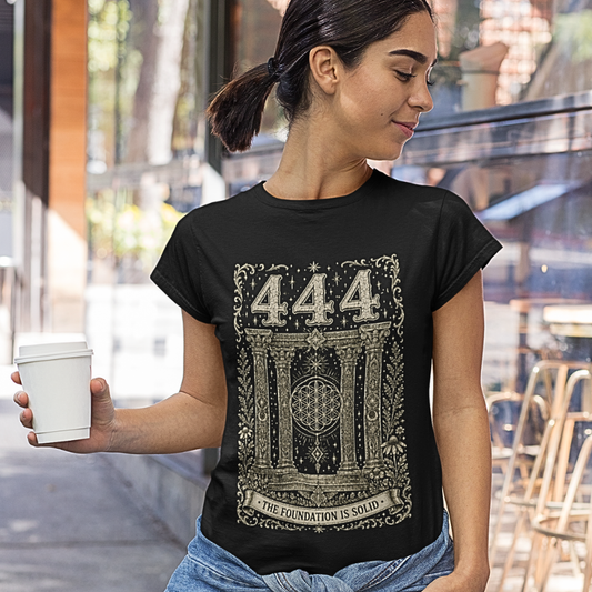 Woman wearing 444 black angel number meditation shirt at city café — Dark Sacred Stillness collection by Ramro Yoga Wear