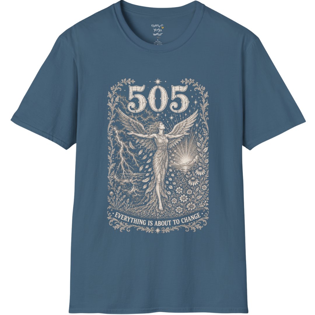 Woman's 505 T-Shirt with winged figure and angel number design — Dark Sacred Stillness collection by Ramro Yoga Wear in Indigo Blue