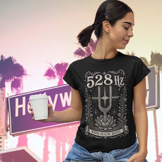 Woman wearing 528 Hz black meditation shirt in Hollywood — Dark Sacred Stillness collection by Ramro Yoga Wear