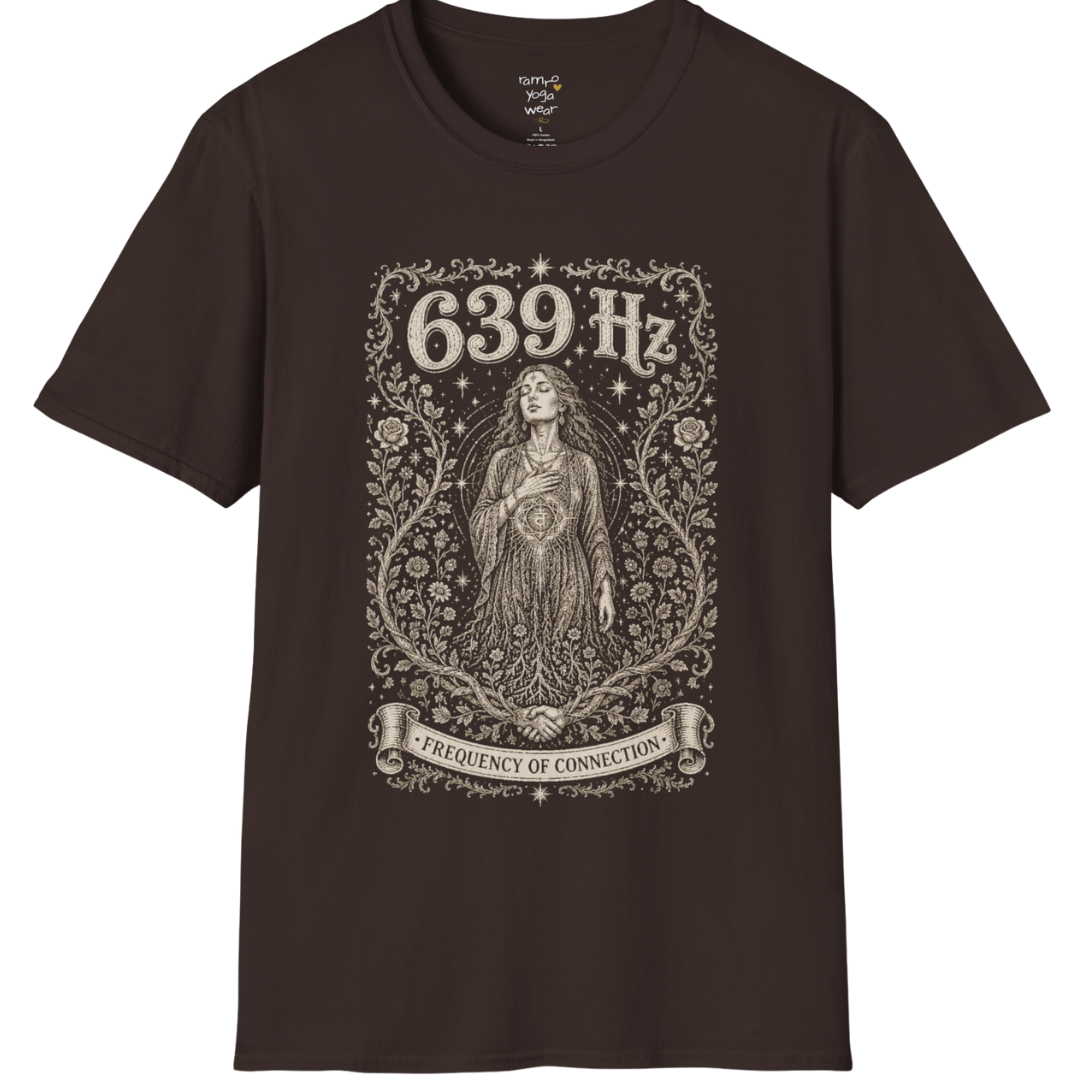 Person with heart chakra symbol surrounded by roses and starlight, 639 Hz frequency of connection engraving design — Dark Sacred Stillness collection by Ramro Yoga Wear in dark chocolate