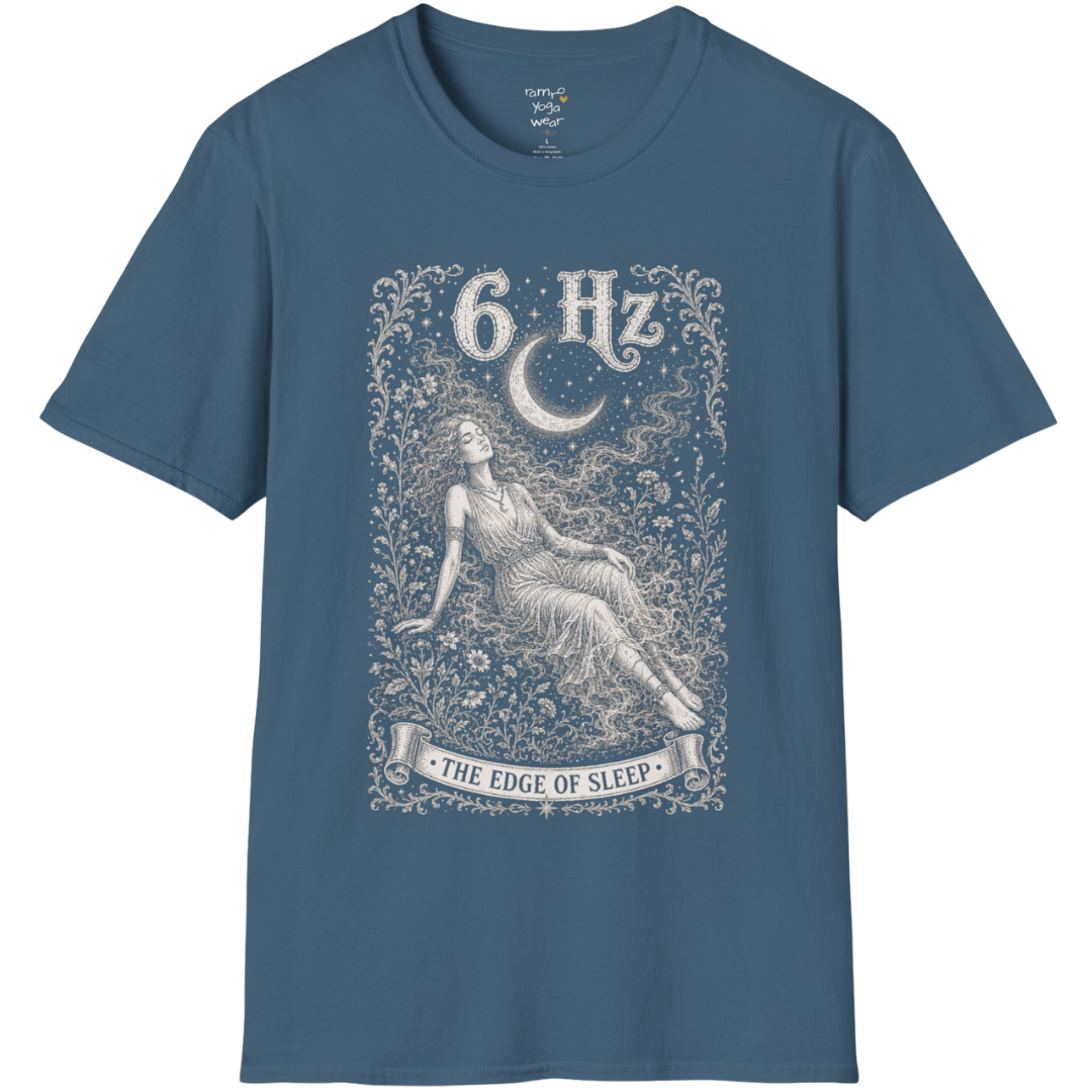 6 Hz T-Shirt with figure dissolving into mist under crescent moon design — Dark Sacred Stillness collection by Ramro Yoga Wear in Indigo Blue
