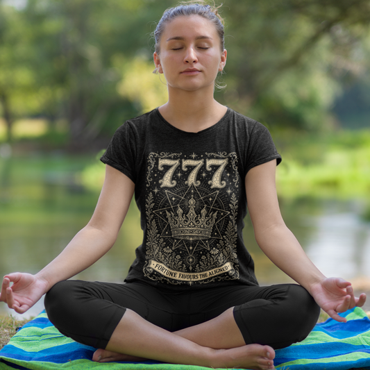 Woman wearing 777 black angel number meditation shirt by lake — Dark Sacred Stillness collection by Ramro Yoga Wear