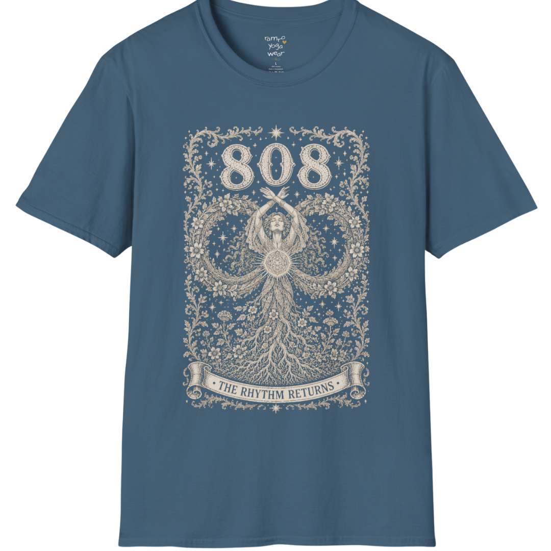 808 T-Shirt with infinity loop and sacred geometry design — Dark Sacred Stillness collection by Ramro Yoga Wear in Indigo Blue