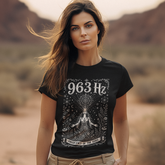 Woman wearing 963 Hz black meditation shirt in desert landscape — Dark Sacred Stillness collection by Ramro Yoga Wear
