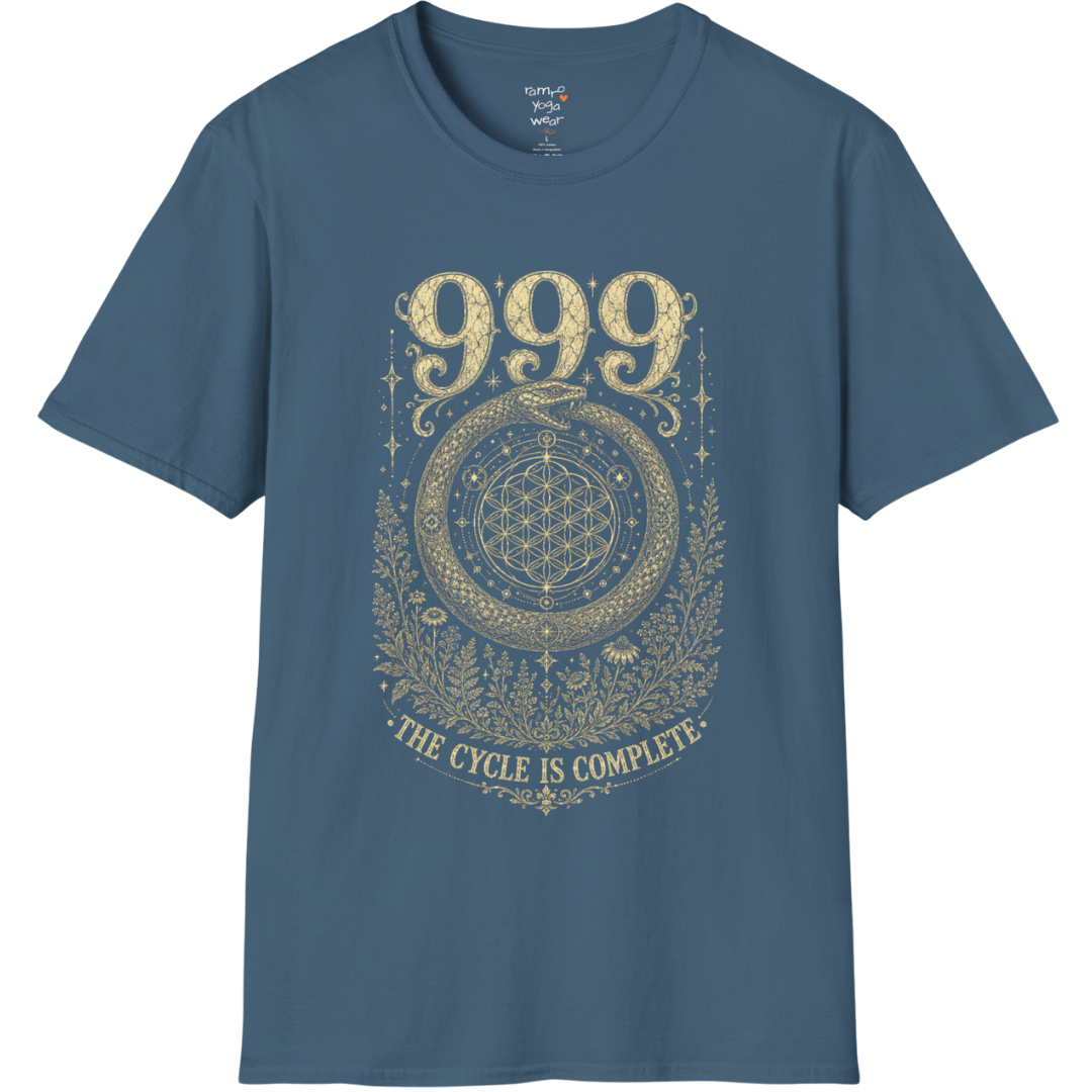 999 ouroboros serpent Flower of Life botanical engraving design — Dark Sacred Stillness collection by Ramro Yoga Wear in Indigo Blue