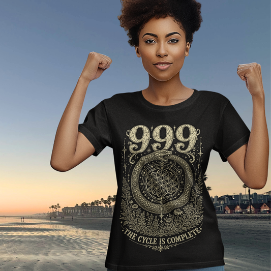 Woman wearing 999 black angel number meditation shirt at beach sunset — Dark Sacred Stillness collection by Ramro Yoga Wear