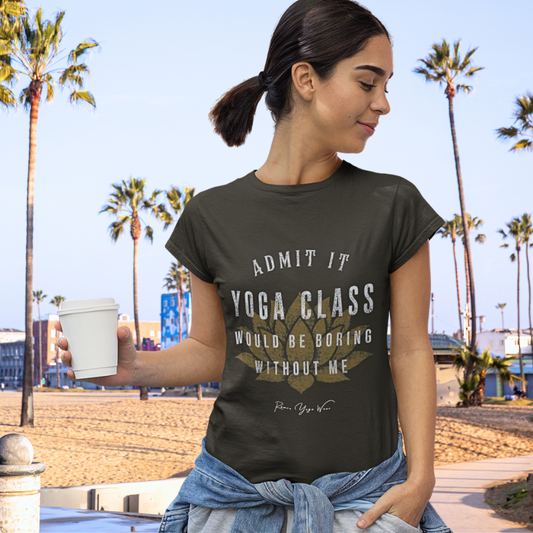 Woman wearing Admit It Black Heather funny yoga shirt at the beach — Funny Yoga Shirts collection by Ramro Yoga Wear
