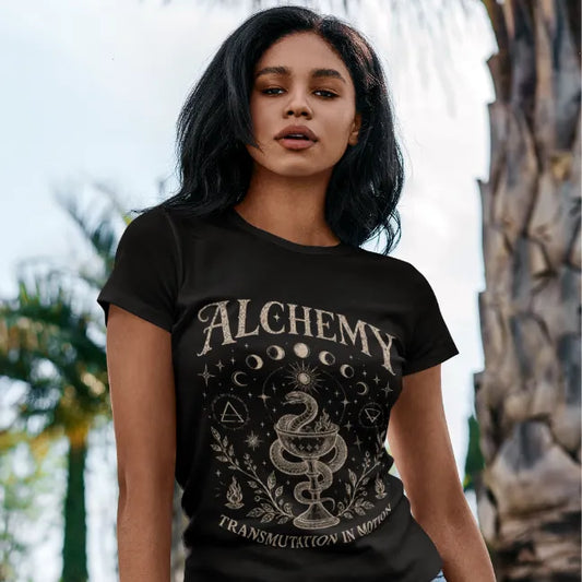 Ramro Yoga Wear Alchemy tee in Black — snake chalice moon phases alchemy vintage design, street palm trees lifestyle shot