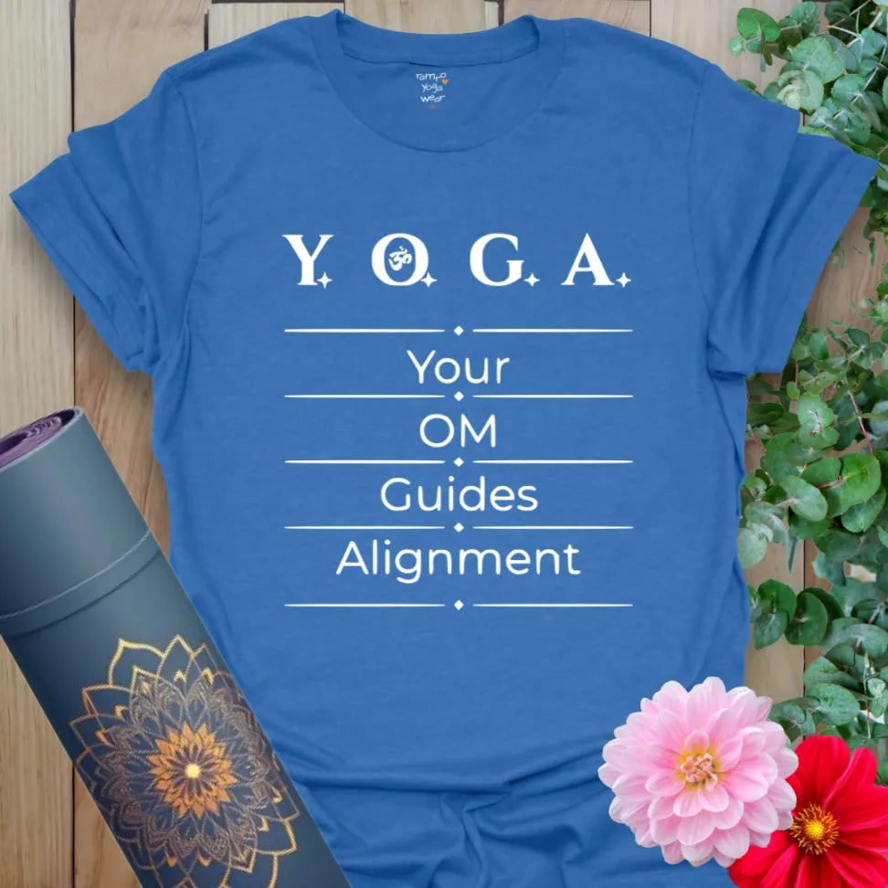 Align Within T-Shirt in Heather Royal featuring “Y.O.G.A. Your OM Guides Alignment” graphic, crafted with love by Ramro Yoga Wear.