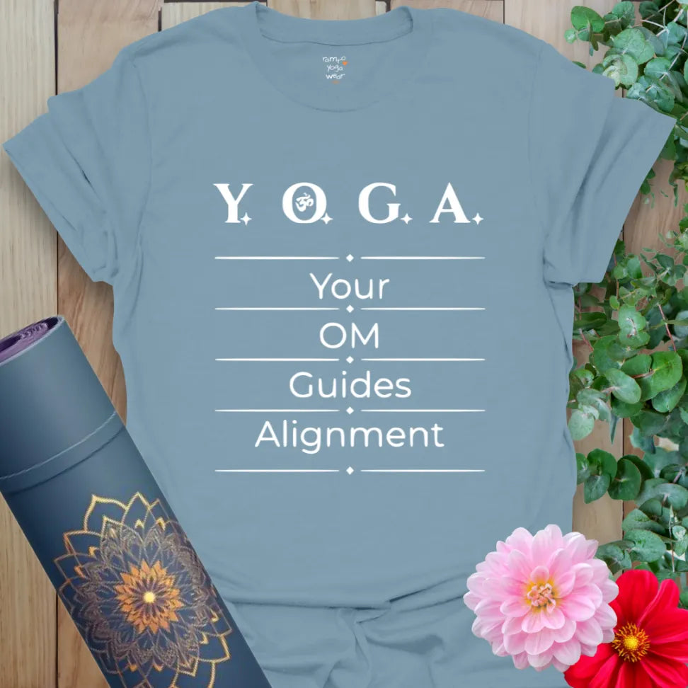 Align Within T-Shirt in Stone Blue with inspirational yoga quote, a soulful design by Ramro Yoga Wear.