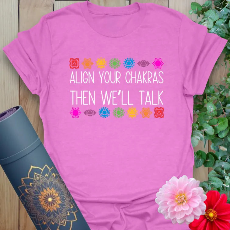 Align Your Chakras T-Shirt in Heather Radiant Orchid featuring bold chakra artwork and mindful energy message.