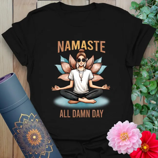 All Day T-Shirt in Black with bold yoga graphic and sassy spiritual quote.