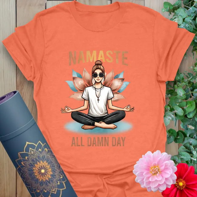 All Day T-Shirt in Heather Orange with vibrant spiritual quote and Ramro artwork.