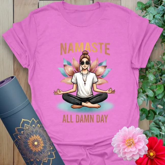 All Day T-Shirt in Heather Radiant Orchid with fun yoga quote and illustrated yogi design.