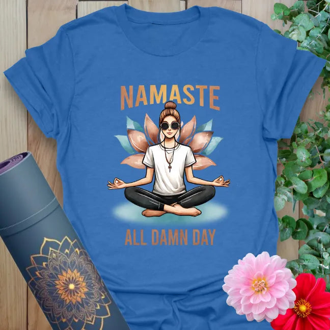 All Day T-Shirt in Heather Royal with colorful yogi artwork and humorous mantra graphic.