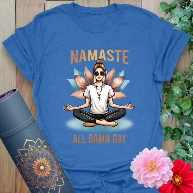 All Day T-Shirt in Heather Royal with colorful yogi artwork and humorous mantra graphic.