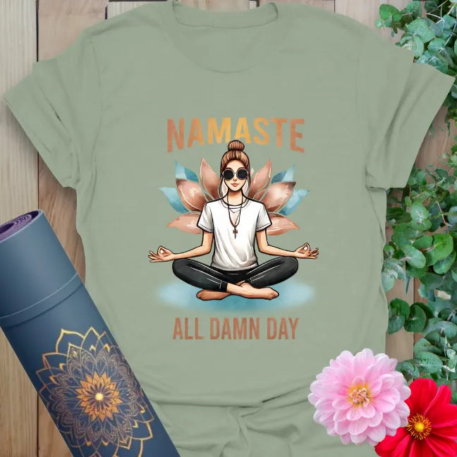 All Day T-Shirt in Sage with mindful yogi print and spiritual humor quote, crafted by Ramro.
