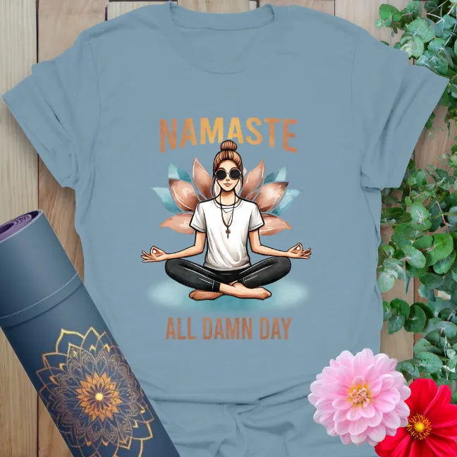 All Day T-Shirt in Stone Blue featuring cheeky “Namaste All Damn Day” design by Ramro Yoga Wear.