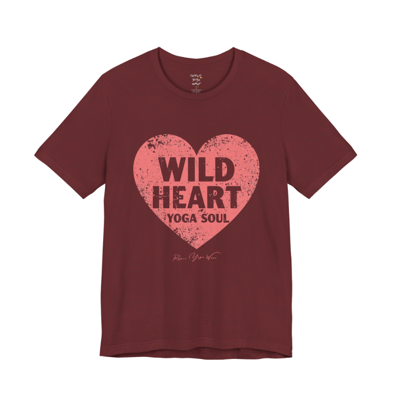 WILD HEART YOGA SOUL distressed heart tee — Funny Yoga Shirts collection by Ramro Yoga Wear — Heather Cardinal