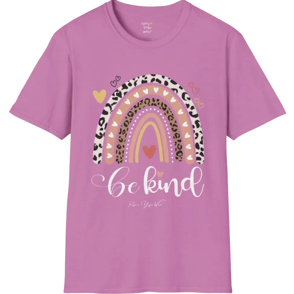 Be Kind T-Shirt, boho rainbow with hearts and "Be kind" script — The Vault collection by Ramro Yoga Wear, Heather Radiant Orchid.