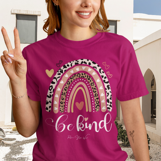 Be Kind T-Shirt, boho rainbow with hearts and "Be kind" script — The Vault collection by Ramro Yoga Wear, Antique Heliconia.