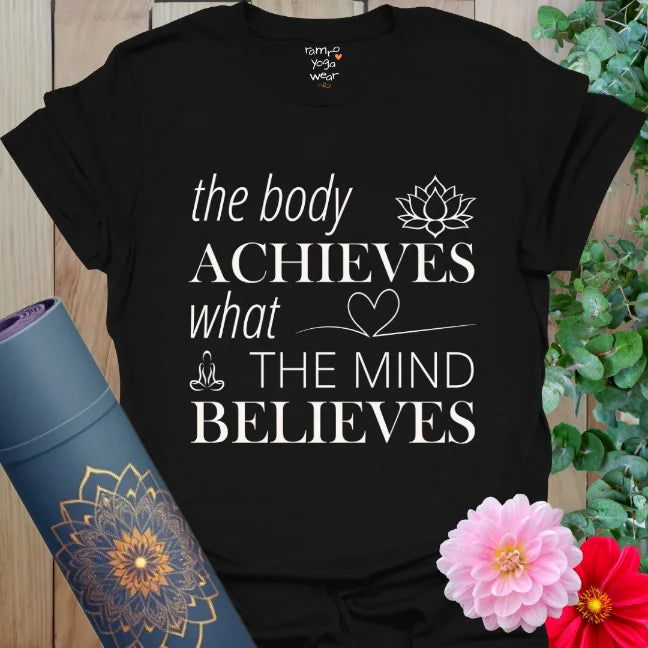 Black Achieve T-Shirt with white motivational quote design and yoga icons. Inspiring yoga gift with bold contrast and mindful message.