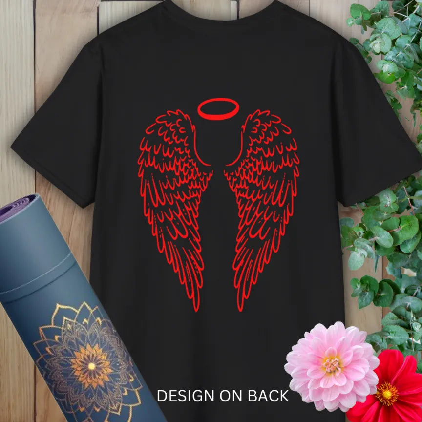 Black Angel Wings T-Shirt by Ramro Yoga Wear – celestial back design t-shirt featuring angel wings and halo for lightworkers and yogis