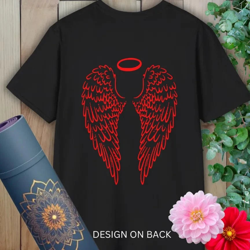 Black Angel Wings T-Shirt by Ramro Yoga Wear – celestial back design t-shirt featuring angel wings and halo for lightworkers and yogis
