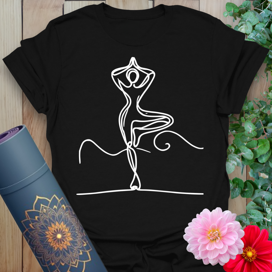Black yoga t-shirt with minimalist white line drawing of tree pose yogi