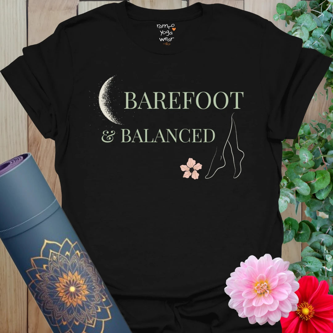 Black Barefoot T-Shirt with a soft lunar-inspired design. Balanced vibes and a touch of nature for your yoga lifestyle wardrobe.