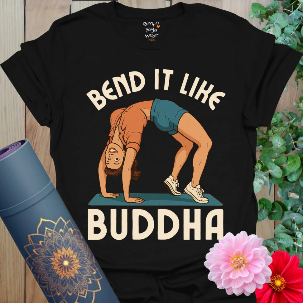Classic black unisex cotton tee with vintage backbend yogi artwork and fun yoga humor slogan.