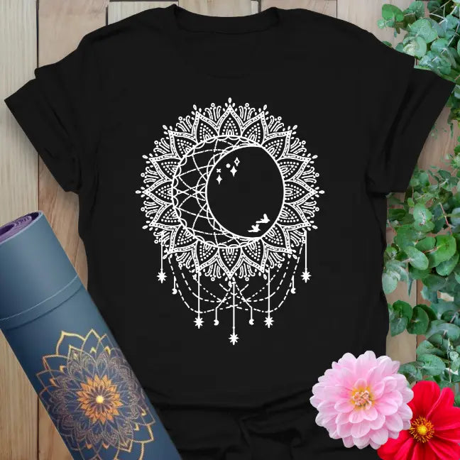 Black yoga t-shirt with intricate celestial mandala and crescent moon design