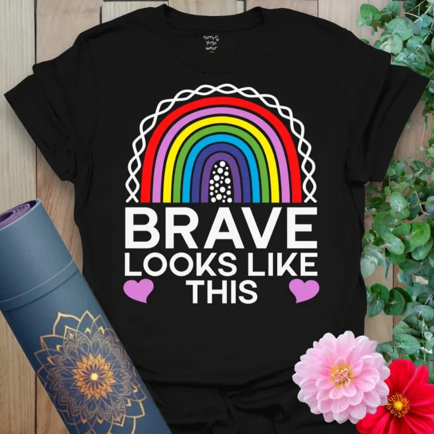 Black t-shirt with colorful rainbow and "Brave Looks Like This" inspirational quote