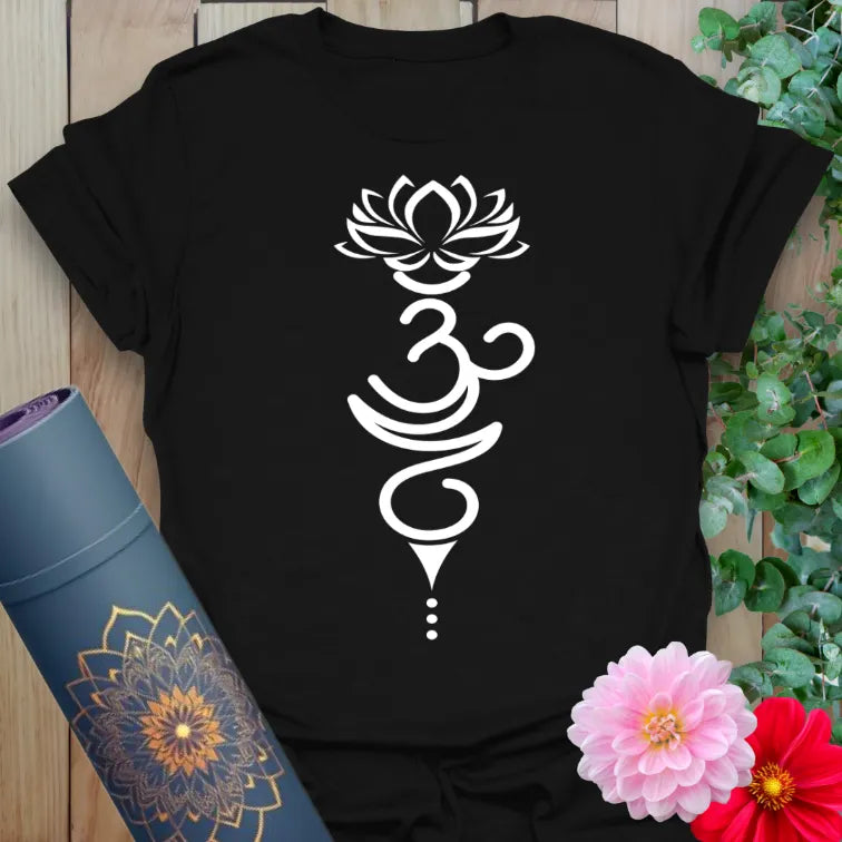 Black yoga t-shirt with white vertical Om and lotus symbol design