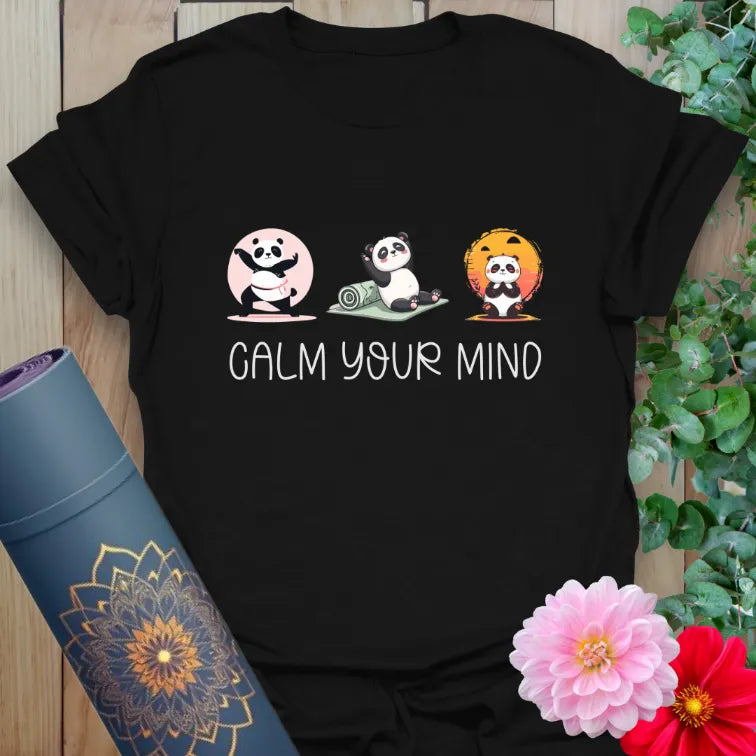 Black t-shirt with three peaceful pandas and “Calm Your Mind” mindfulness quote