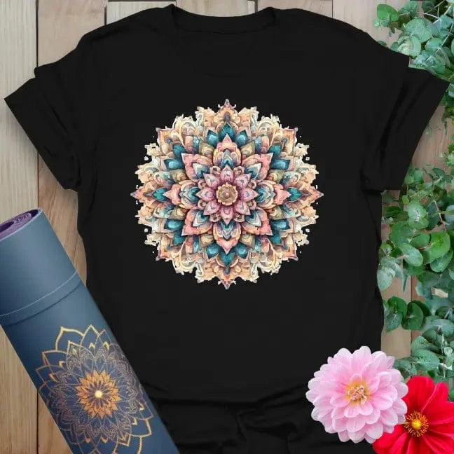 Black yoga t-shirt with colorful mandala spiritual design in vibrant watercolor hues