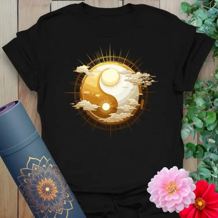 Black yoga t-shirt with golden sun and moon yin-yang celestial design