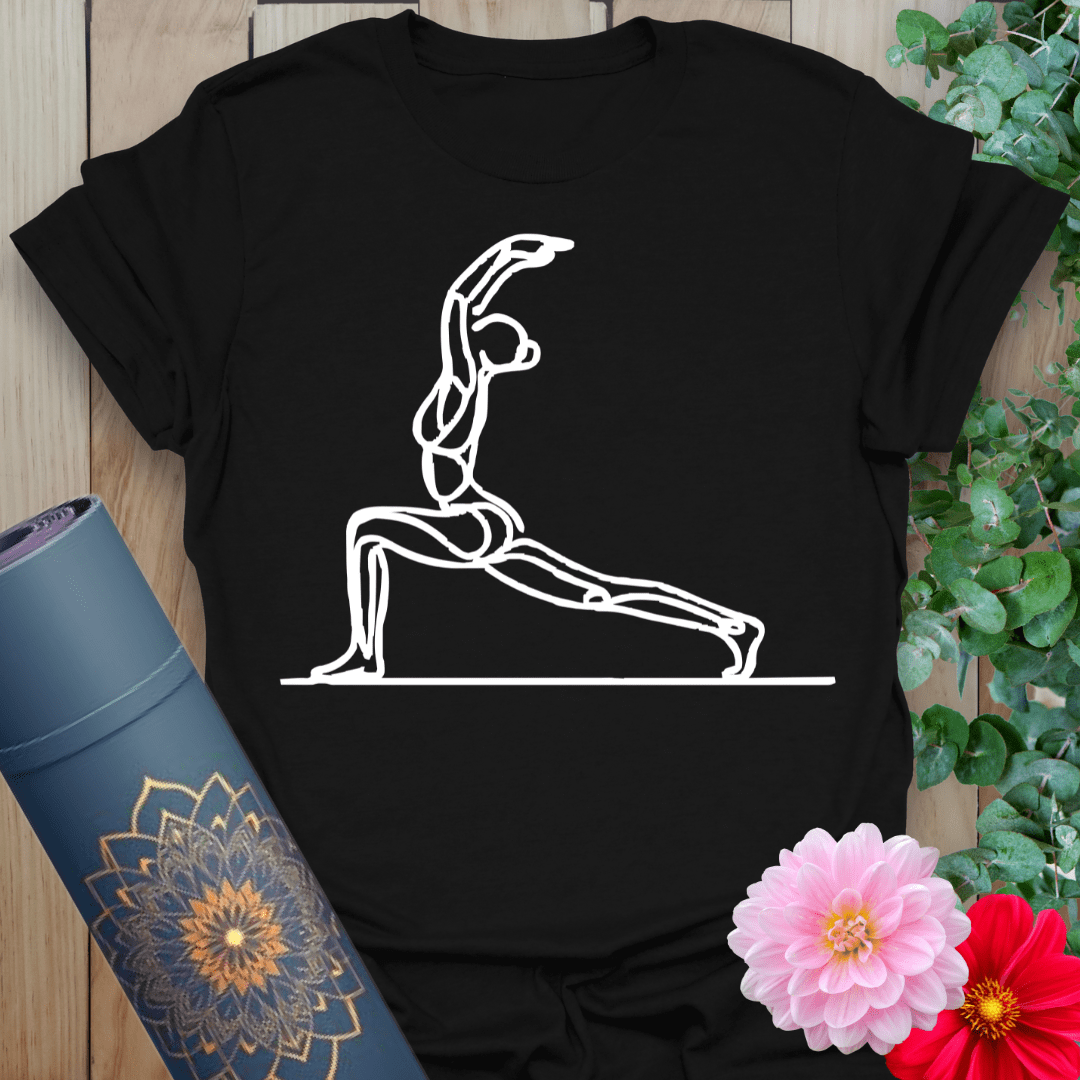 Black yoga t-shirt with minimalist white continuous-line crescent lunge pose design
